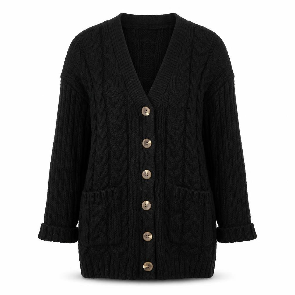 JustFab Women Black XS Cable-Knit Long Sleeve Button Cardigan