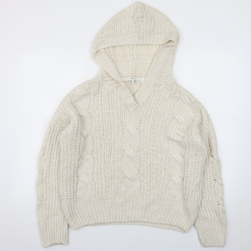 Next Women Ivory Hooded Chunky-Knit V-Neck Jumper Size 12