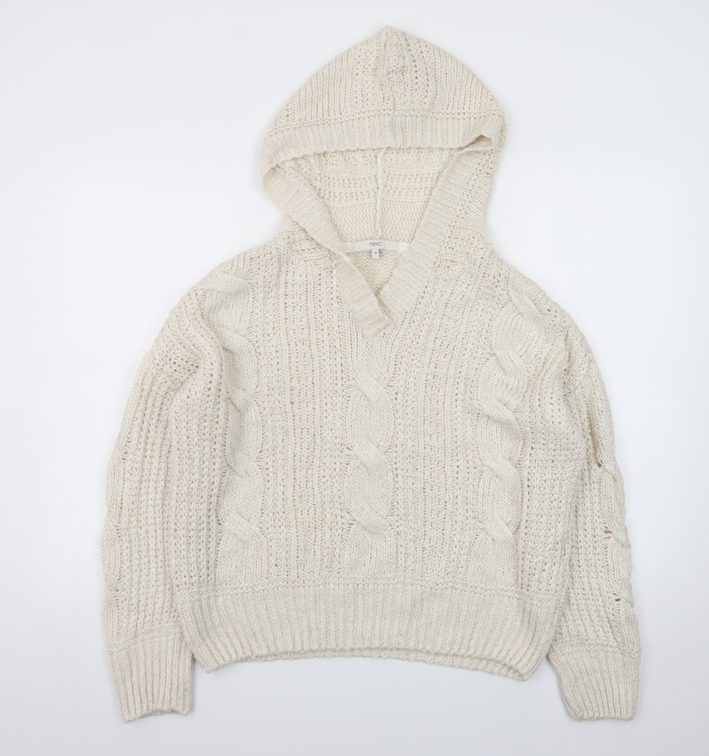 Next Women Ivory Hooded Chunky-Knit V-Neck Jumper Size 12