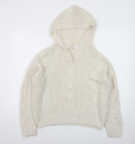 Next Women Ivory Hooded Chunky-Knit V-Neck Jumper Size 12