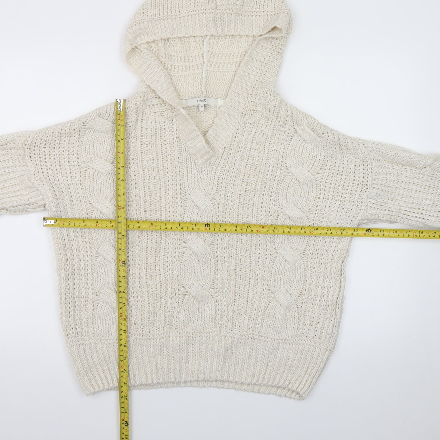 Next Women Ivory Hooded Chunky-Knit V-Neck Jumper Size 12