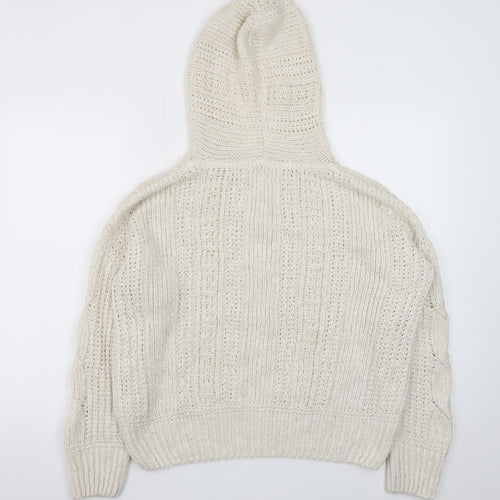 Next Women Ivory Hooded Chunky-Knit V-Neck Jumper Size 12