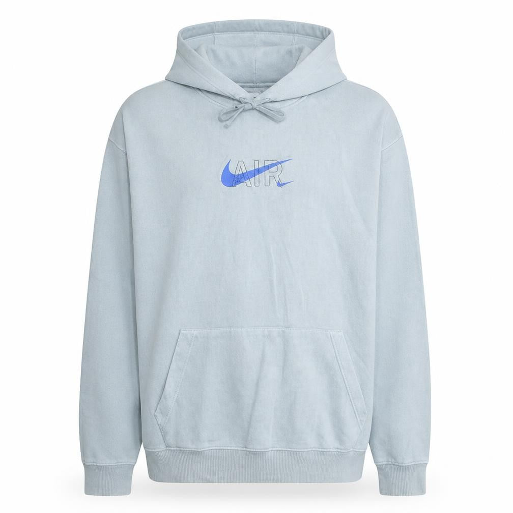 Front view of Nike Men's Grey XL Pullover Hoodie with Blue Air Logo Graphic