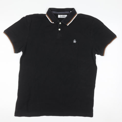 Original Penguin Men's Black Polo Shirt M Cotton Logo Trim