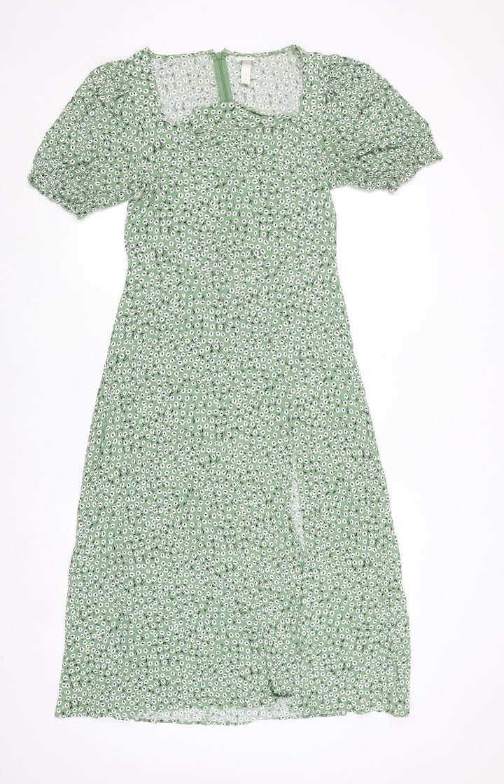 H&M Women Green Floral A-Line Midi Dress Size 10