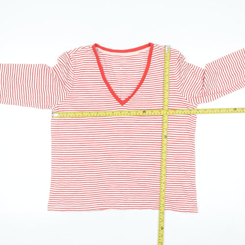 Boden Women's Red Striped V-Neck Long Sleeve Cotton T-Shirt Size M
