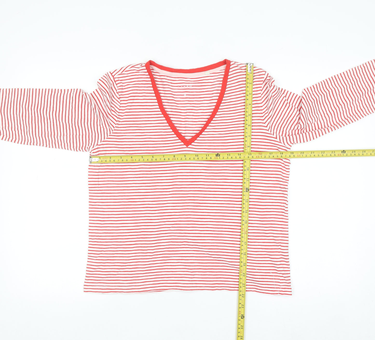 Boden Women's Red Striped V-Neck Long Sleeve Cotton T-Shirt Size M
