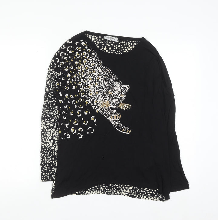 Zarra Gembos Womens Black Leopard Embroidered Cotton Jersey Long Sleeve T-Shirt Size 10