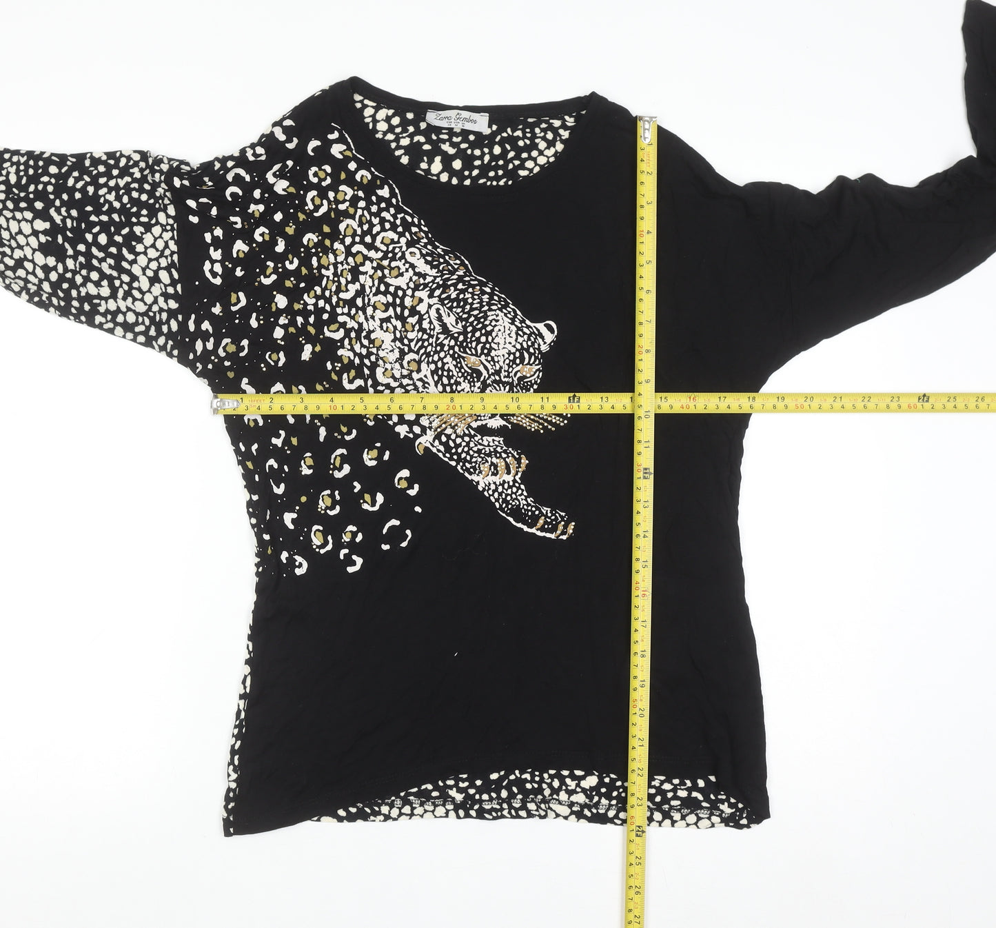 Zarra Gembos Womens Black Leopard Embroidered Cotton Jersey Long Sleeve T-Shirt Size 10