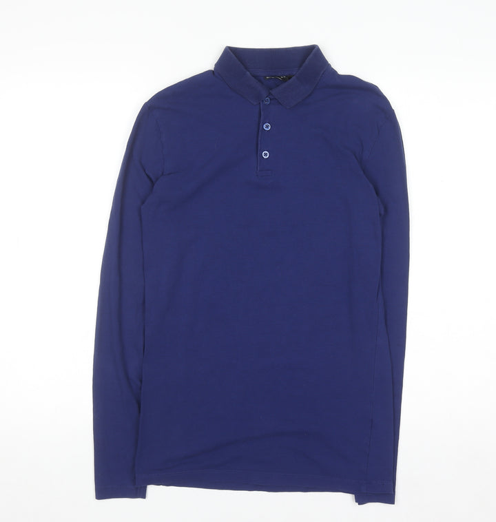 ASOS Men's Blue Long Sleeve Cotton Stretch Polo Shirt Size S