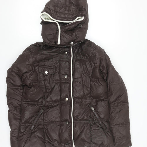Cortefiel Womens Brown Hooded Puffer Jacket M Quilted Down Casual Coat