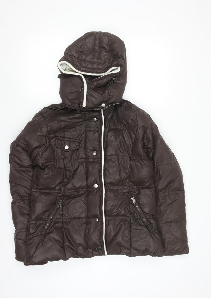 Cortefiel Womens Brown Hooded Puffer Jacket M Quilted Down Casual Coat