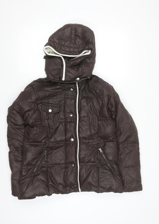 Cortefiel Womens Brown Hooded Puffer Jacket M Quilted Down Casual Coat