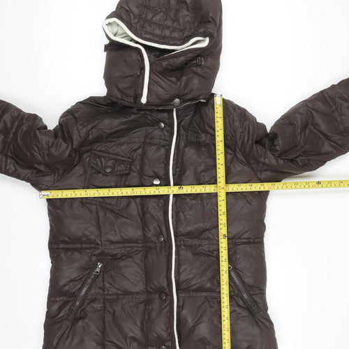 Cortefiel Womens Brown Hooded Puffer Jacket M Quilted Down Casual Coat