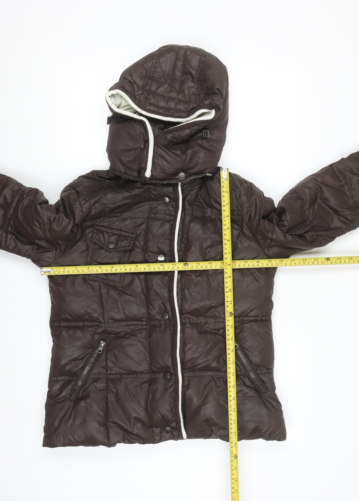 Cortefiel Womens Brown Hooded Puffer Jacket M Quilted Down Casual Coat