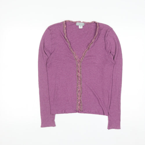 Jigsaw Women Purple Ruffle Trim V-Neck Cardigan Size L
