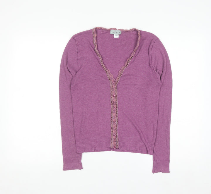 Jigsaw Women Purple Ruffle Trim V-Neck Cardigan Size L