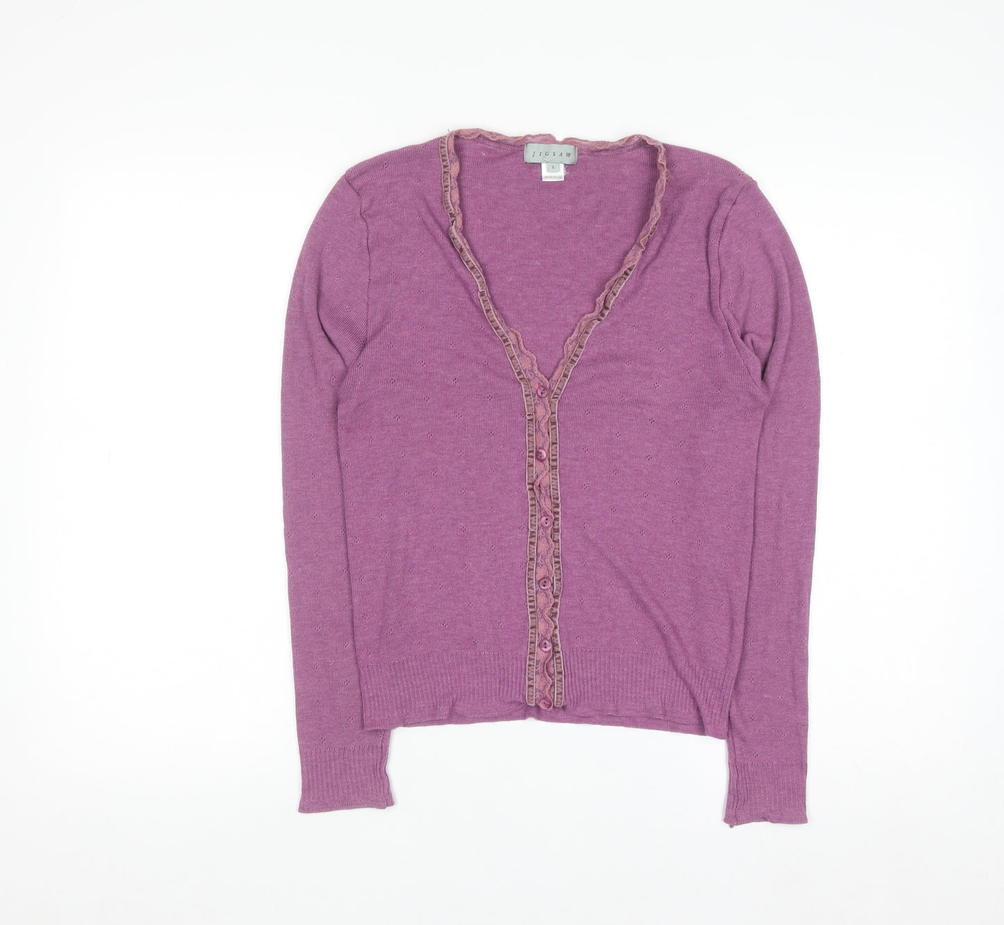 Jigsaw Women Purple Ruffle Trim V-Neck Cardigan Size L