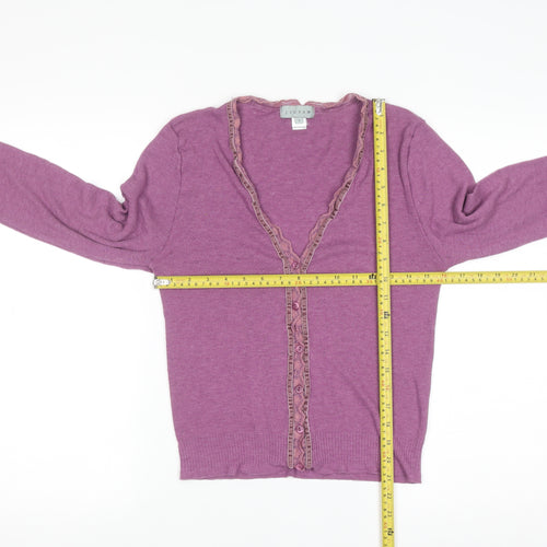 Jigsaw Women Purple Ruffle Trim V-Neck Cardigan Size L