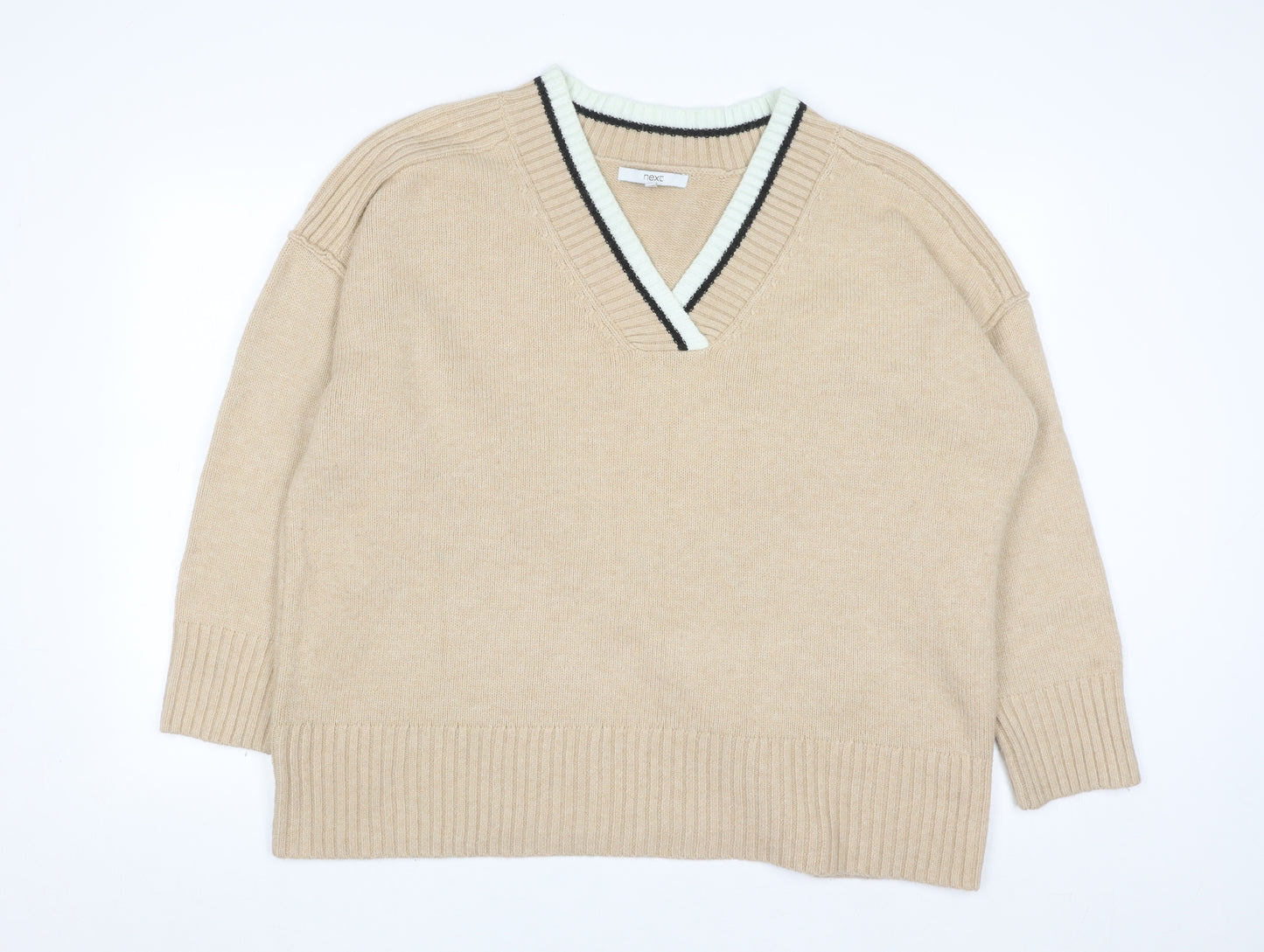 Next Men’s Beige V-Neck Knit Jumper XL Classic Casual Style