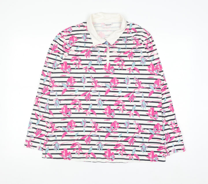 Damart Women’s Multicoloured Floral Stripe Cotton Long Sleeve Polo Top Size 18/20