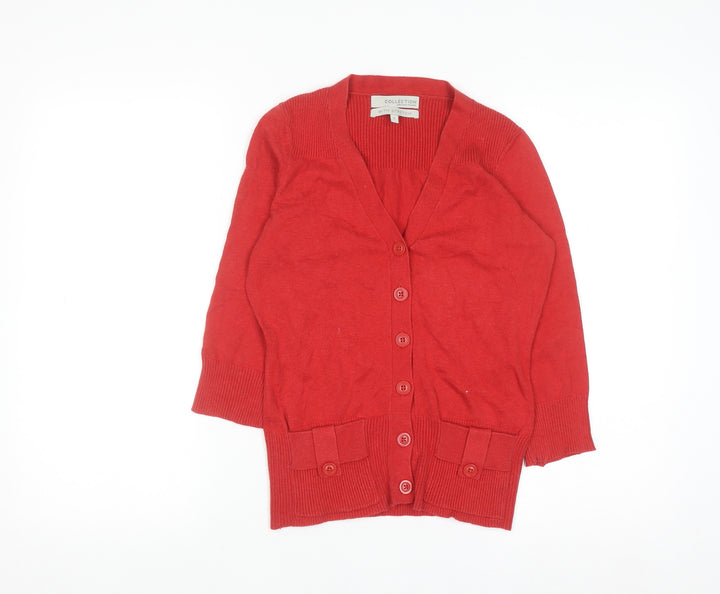 John Lewis Women Red V-Neck 3/4 Sleeve Cotton Knit Cardigan S