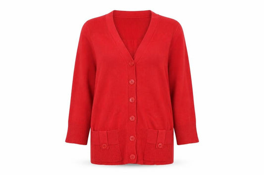 Front view of John Lewis Women Red V-Neck 3/4 Sleeve Cotton Knit Cardigan S