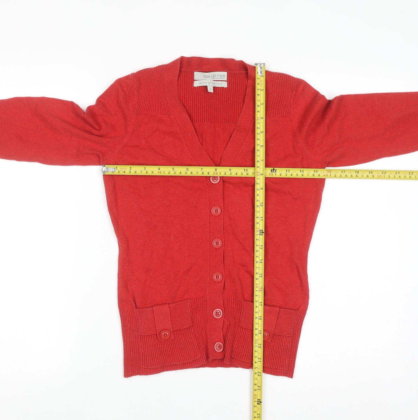 John Lewis Women Red V-Neck 3/4 Sleeve Cotton Knit Cardigan S
