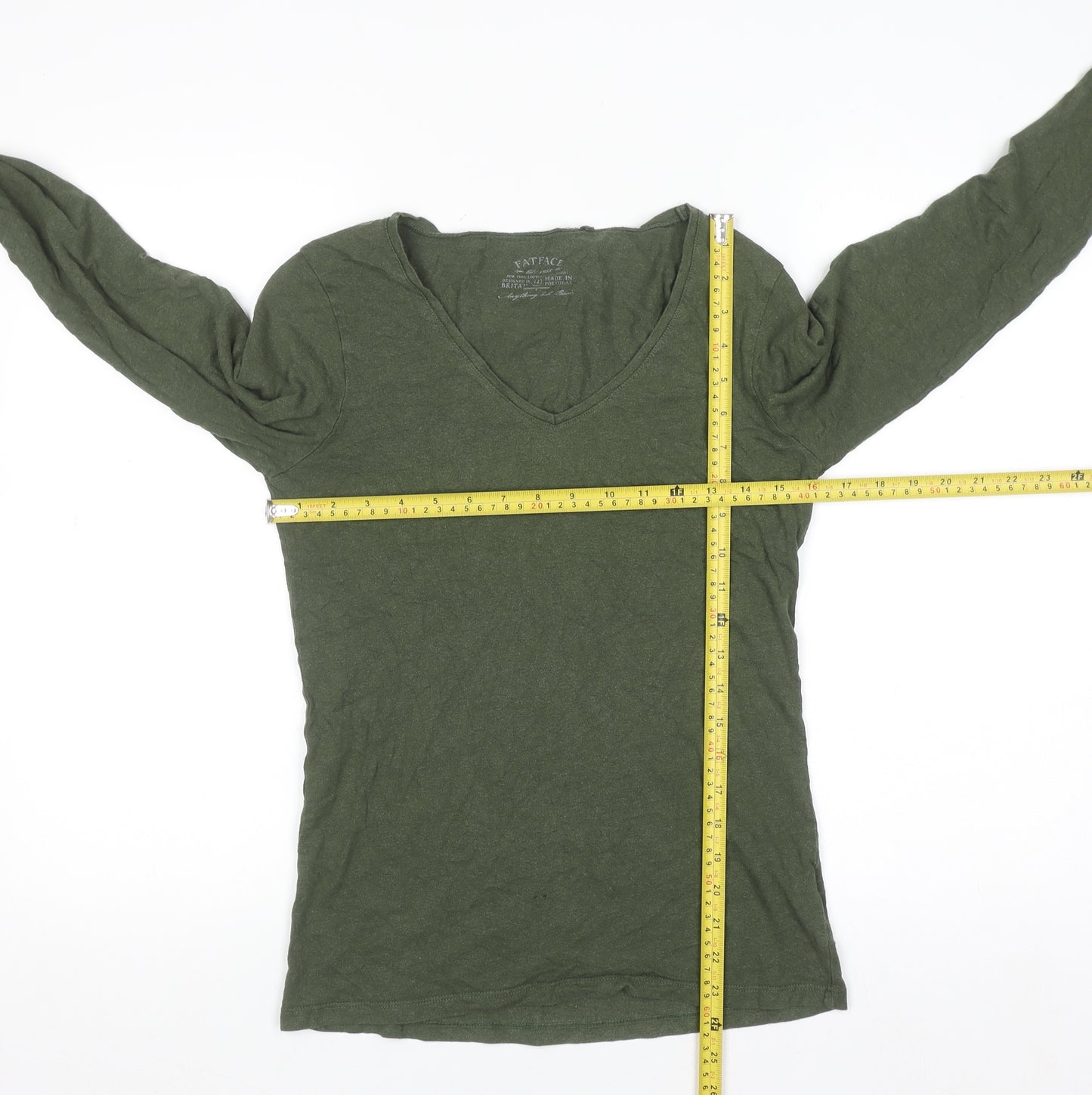 FatFace Women's Green Long Sleeve V-Neck Basic Top Size 12