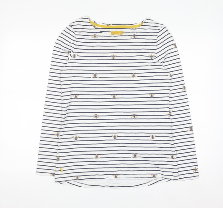 Joules Women White Bee Embroidered Striped Cotton Long Sleeve Top UK 12