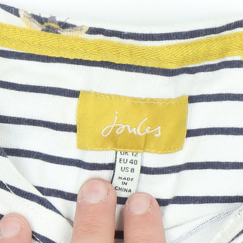 Joules Women White Bee Embroidered Striped Cotton Long Sleeve Top UK 12