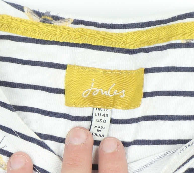 Joules Women White Bee Embroidered Striped Cotton Long Sleeve Top UK 12