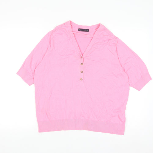 Marks and Spencer Women Pink Henley Short Sleeve Cotton Jumper L