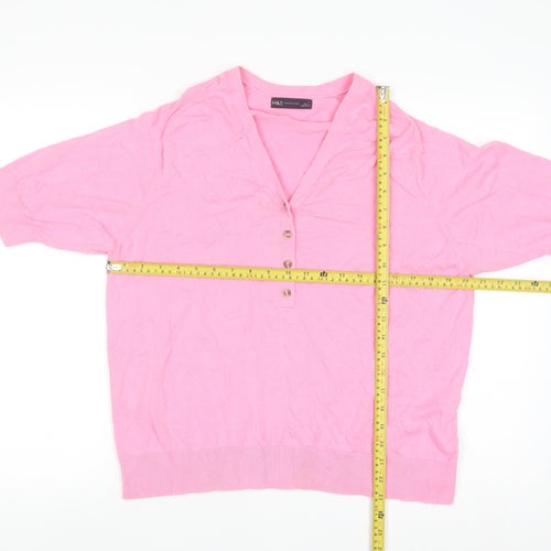 Marks and Spencer Women Pink Henley Short Sleeve Cotton Jumper L