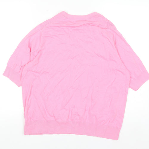 Marks and Spencer Women Pink Henley Short Sleeve Cotton Jumper L