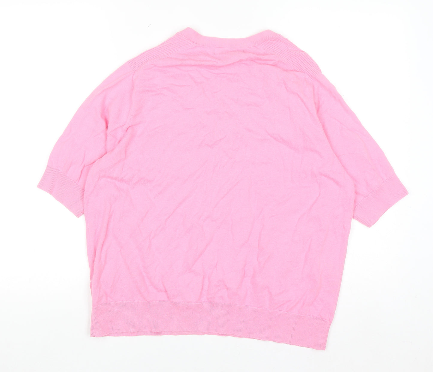 Marks and Spencer Women Pink Henley Short Sleeve Cotton Jumper L