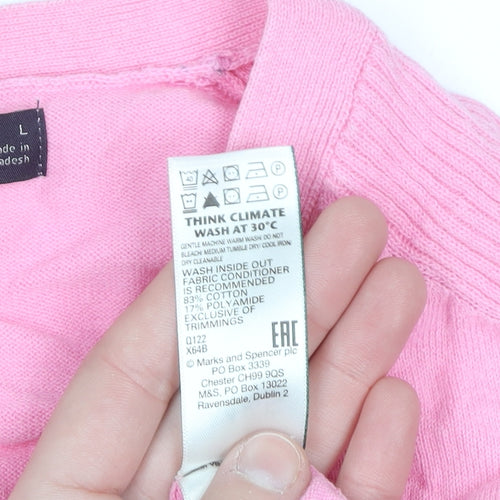 Marks and Spencer Women Pink Henley Short Sleeve Cotton Jumper L