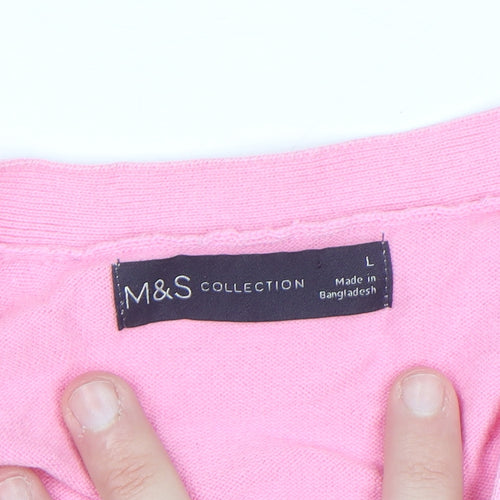 Marks and Spencer Women Pink Henley Short Sleeve Cotton Jumper L
