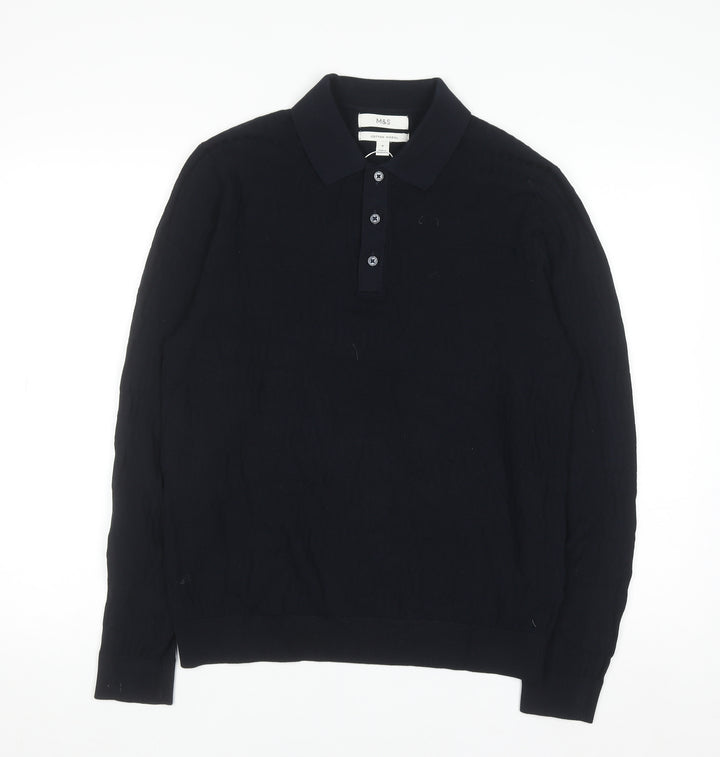 Marks and Spencer Men's Black M Collared Cotton Modal Henley Jumper