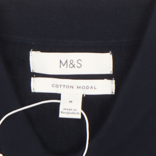 Marks and Spencer Men's Black M Collared Cotton Modal Henley Jumper