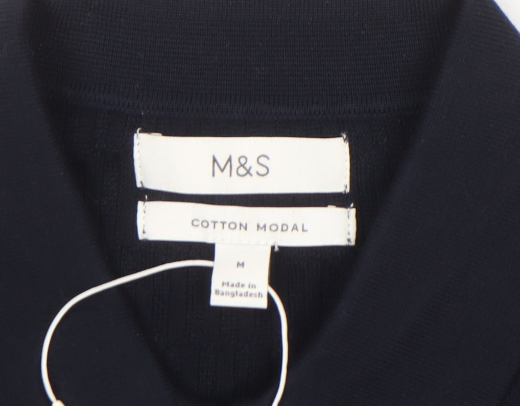 Marks and Spencer Men's Black M Collared Cotton Modal Henley Jumper