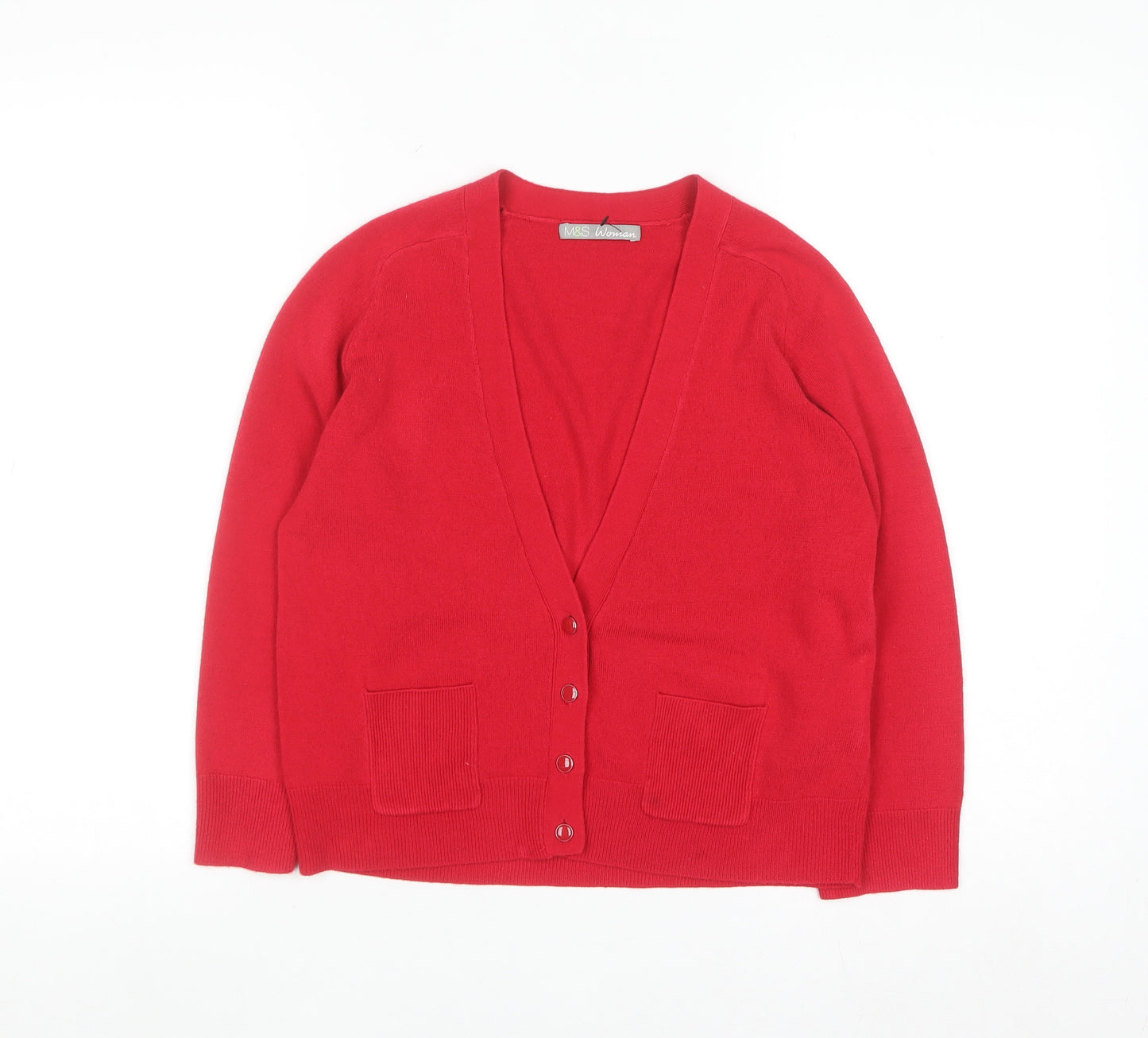 Marks and Spencer Women Red Size 12 Acrylic V-Neck Cardigan