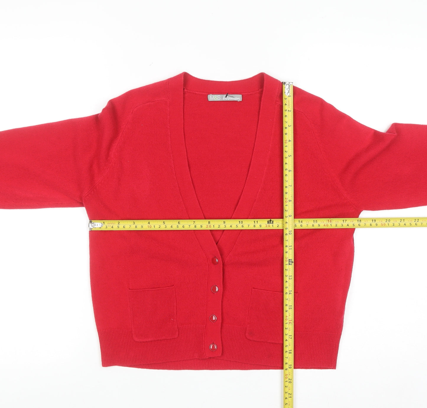 Marks and Spencer Women Red Size 12 Acrylic V-Neck Cardigan