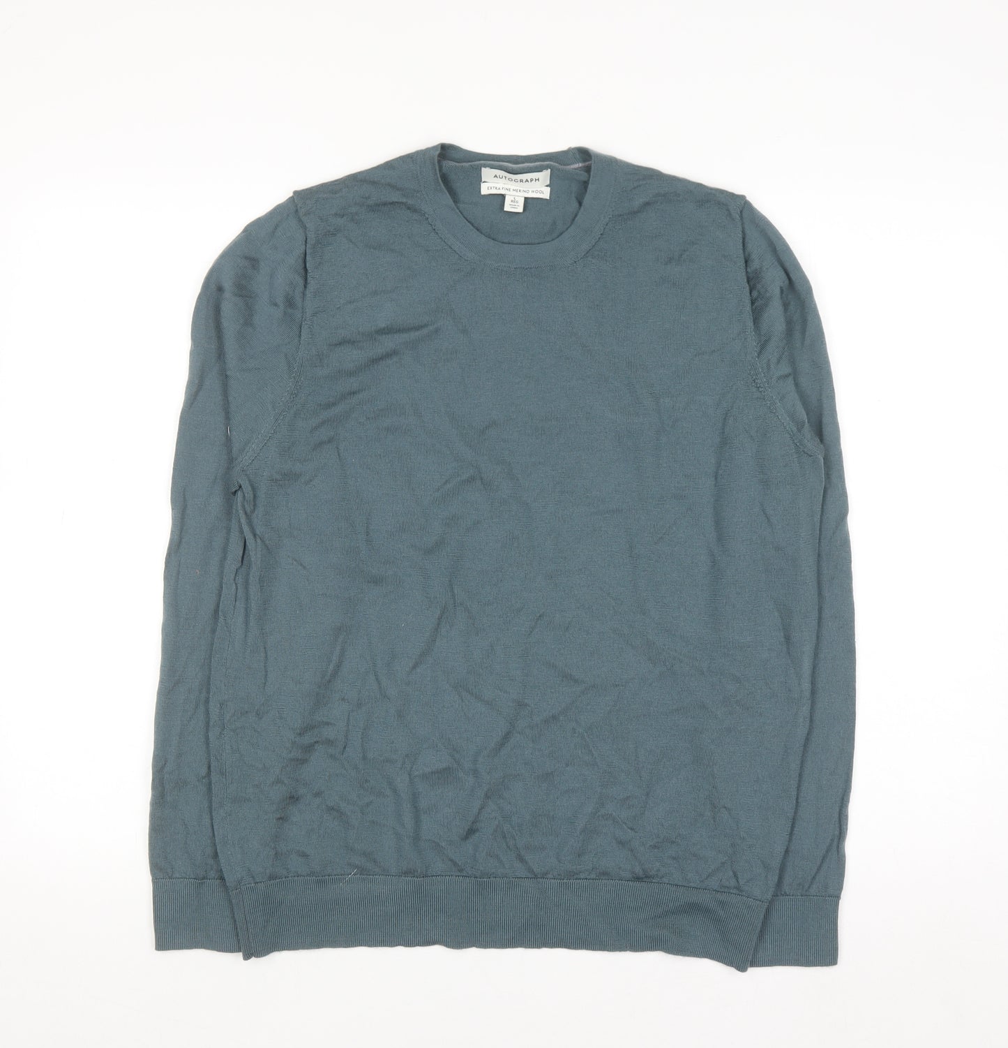 Marks and Spencer Autograph Men's Blue Merino Wool Crew Neck Jumper L