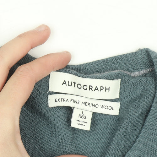 Marks and Spencer Autograph Men's Blue Merino Wool Crew Neck Jumper L