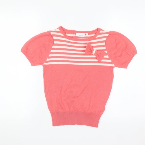New Look Women Pink Striped Bow Short Sleeve Knit Jumper Size 10