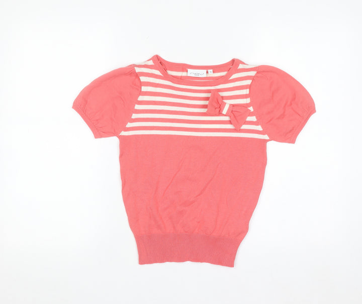 New Look Women Pink Striped Bow Short Sleeve Knit Jumper Size 10