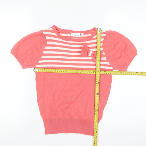 New Look Women Pink Striped Bow Short Sleeve Knit Jumper Size 10