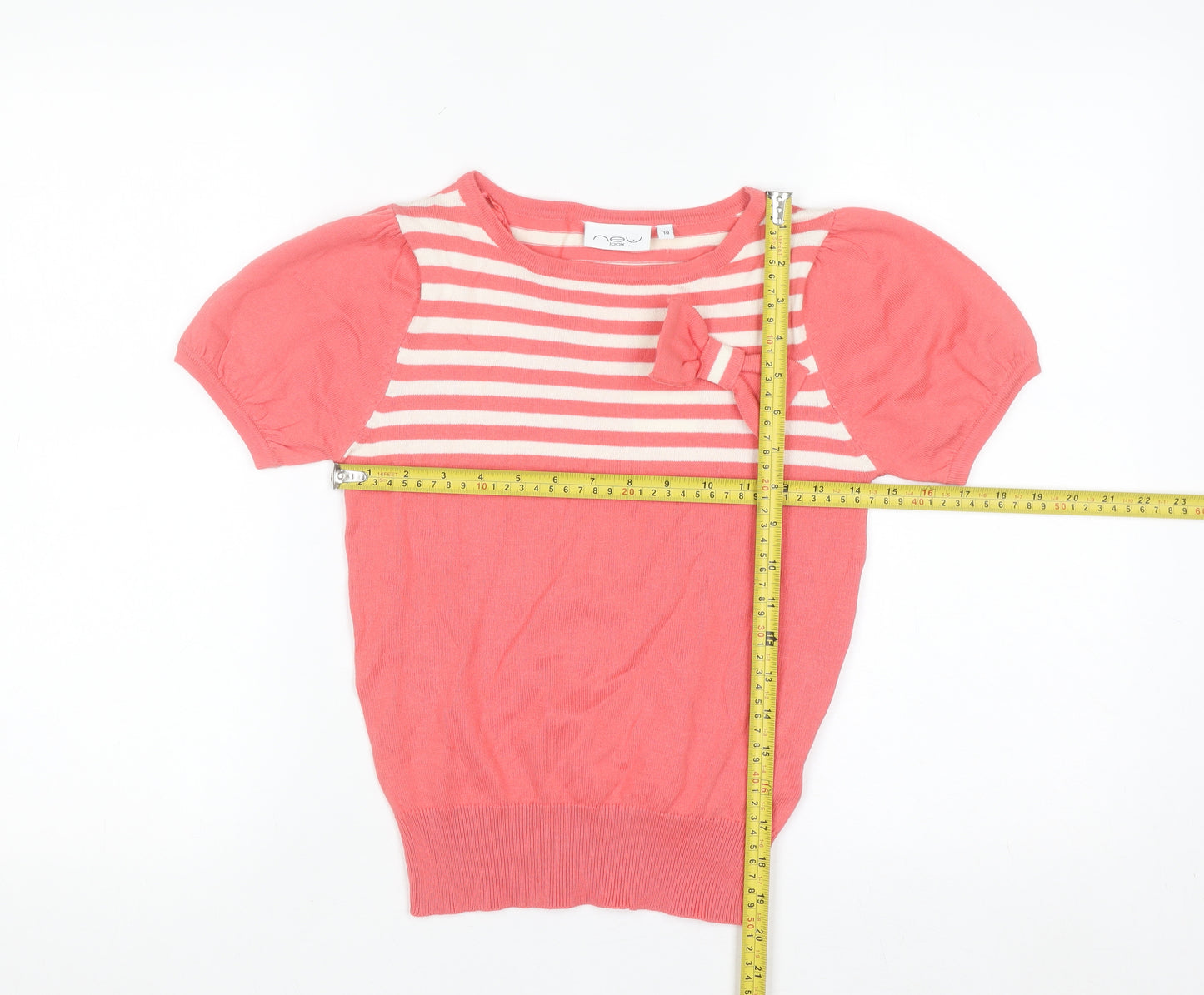 New Look Women Pink Striped Bow Short Sleeve Knit Jumper Size 10