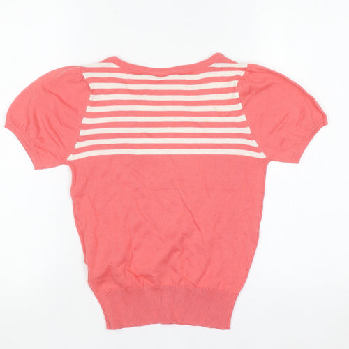 New Look Women Pink Striped Bow Short Sleeve Knit Jumper Size 10